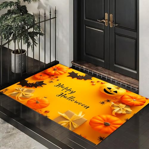 CEDNXOER Halloween-Fußmatte, Cartoon Fledermaus Geschenkbox Willkommens-Fußmatte für den Außenbereich, Halloween- Horrorkürbis, rutschfeste Fußabtreter für Innen, 50x70 cm von CEDNXOER