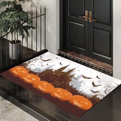 CEDNXOER Halloween-Fußmatte, Geheimnisvolles Schloss Willkommens-Fußmatte für den Außenbereich, Halloween- Kürbisfledermaus, rutschfeste Fußabtreter für Innen, 60x90 cm von CEDNXOER