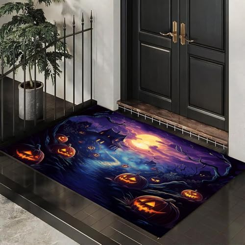 CEDNXOER Halloween-Fußmatte, Gruseliges Spukhaus Kürbis Willkommens-Fußmatte für den Außenbereich, Halloween- Dunkle Fantasie Dorf, rutschfeste Fußabtreter für Innen, 50x80 cm von CEDNXOER