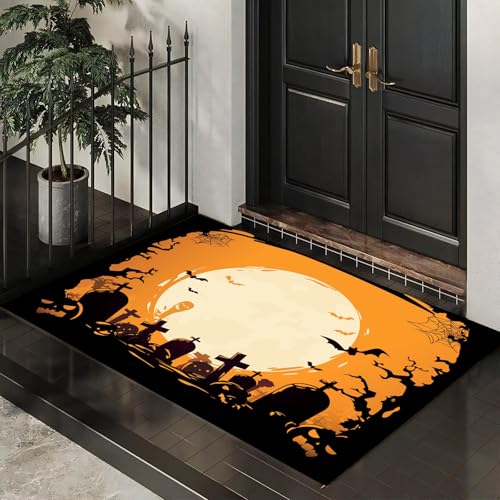 CEDNXOER Halloween-Fußmatte, Horror Grabstein Willkommens-Fußabtreter für den Außenbereich, Halloween- Spinnennetze Fledermäuse, lustige Fußmatte für Innen, 50x80 cm von CEDNXOER