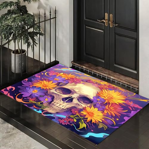 CEDNXOER Halloween-Fußmatte, Schädel Blumen Willkommens-Fußmatte für den Außenbereich, Halloween- Künstlerisch Schädel Blumen, rutschfeste Fußabtreter für Innen, 50x80 cm CEDNXOER Halloween-Fußmatte, Schädel Blumen Willkommens-Fußmatte für den Außenbereich, Halloween- Künstlerisch Schädel Blumen, rutschfeste Fußabtreter für Innen, 50x80 cm von CEDNXOER