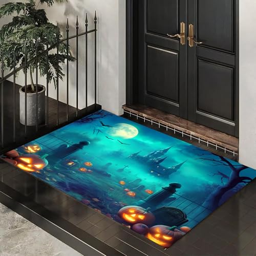 CEDNXOER Halloween-Fußmatte, Spukfriedhof Willkommens-Fußabtreter für den Außenbereich, Halloween- Kürbisse Gruseliges Schloss, lustige Fußmatte für Innen, 50x80 cm von CEDNXOER