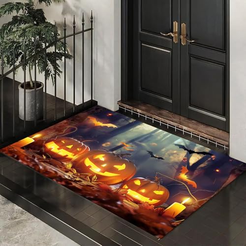 CEDNXOER Halloween-Fußmatte, Unheimlich Kürbis Gesicht Willkommens-Fußmatte für den Außenbereich, Halloween- Zauberwald Fledermäuse, rutschfeste Fußabtreter für Innen, 50x80 cm CEDNXOER Halloween-Fußmatte, Unheimlich Kürbis Gesicht Willkommens-Fußmatte für den Außenbereich, Halloween- Zauberwald Fledermäuse, rutschfeste Fußabtreter für Innen, 50x80 cm von CEDNXOER
