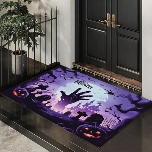 CEDNXOER Halloween-Fußmatte, Zombiehand Seltsam Friedhof Willkommens-Fußmatte für den Außenbereich, Halloween- Vollmond Kürbis, rutschfeste Fußabtreter für Innen, 50x70 cm von CEDNXOER