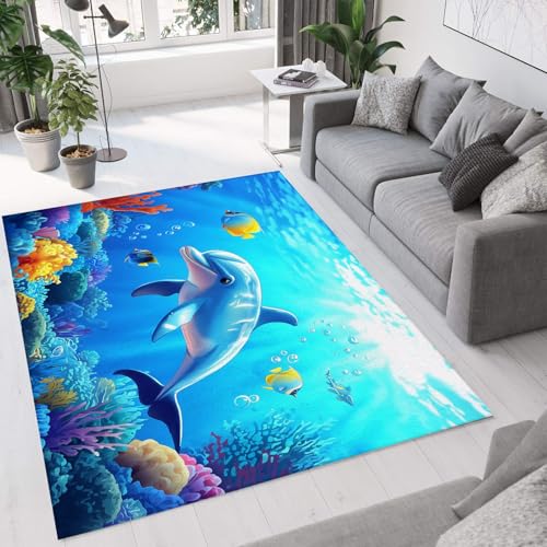 CEDNXOER Helles Blau Teppich Wohnzimmer 180x270cm rutschfest Kurzflor Schlafzimmer Hundeteppiche, Cartoon-Delfin Koralle Ozean Waschbar Bettvorleger pflegeleicht Teppiche für Büro von CEDNXOER