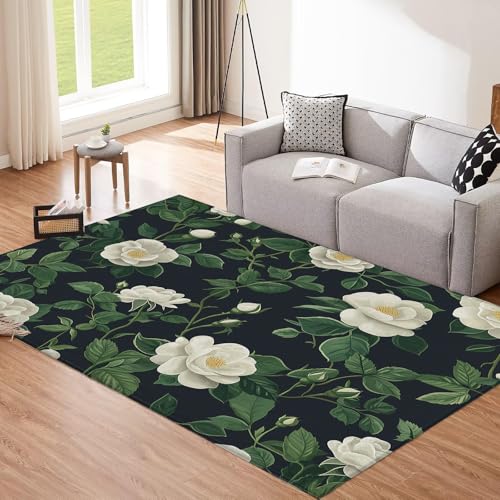 CEDNXOER Holzkohle Teppich Wohnzimmer 140x200cm rutschfest Kurzflor Schlafzimmer Hundeteppiche, Abstrakte Weiße Pfingstrose Grüne Blätter Waschbar Bettvorleger pflegeleicht Teppiche für Büro von CEDNXOER