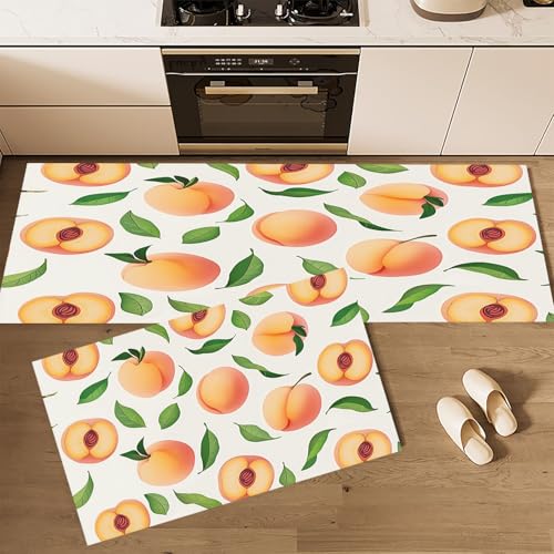 CEDNXOER Küchenteppich Set 2 Stück rutschfeste Küchenmatte Set, Einfach Obst Pfirsiche Blätter Waschbare Küchenbodenmatte für Küche, Eingang, Flur Läuferset waschbare Läufer, 43×75cm+43×120cm CEDNXOER Küchenteppich Set 2 Stück rutschfeste Küchenmatte Set, Einfach Obst Pfirsiche Blätter Waschbare Küchenbodenmatte für Küche, Eingang, Flur Läuferset waschbare Läufer, 43×75cm+43×120cm von CEDNXOER