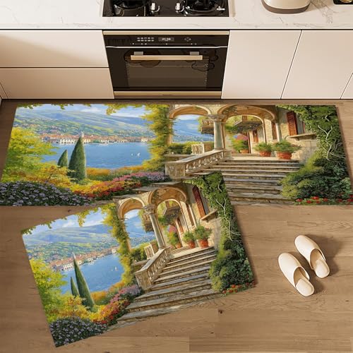 CEDNXOER Küchenteppich Set 2 Stück rutschfeste Küchenmatte Set, Italien Pflanzen Meer Gebäude Waschbare Küchenbodenmatte für Küche, Eingang, Flur Läuferset waschbare Läufer, 45×75cm+45×150cm von CEDNXOER