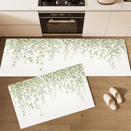 CEDNXOER Küchenteppich Set 2 Stück rutschfeste Küchenmatte Set, Pflanzen Blätter Elegante Zweige Waschbare Küchenbodenmatte für Küche, Eingang, Flur Läuferset waschbare Läufer, 43×75cm+43×120cm von CEDNXOER