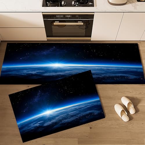 CEDNXOER Küchenteppich Set 2 Stück rutschfeste Küchenmatte Set, Universum Atmosphäre Erde Sterne Waschbare Küchenbodenmatte für Küche, Eingang, Flur Läuferset waschbare Läufer, 40×60cm+40×120cm von CEDNXOER