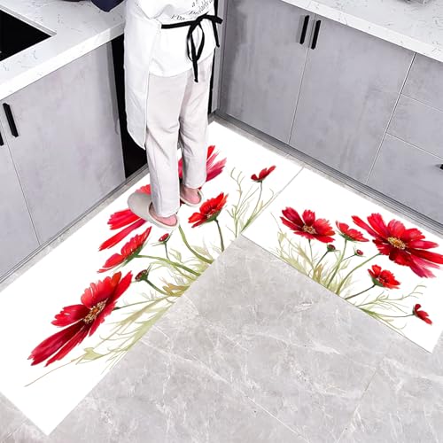 CEDNXOER Küchenteppich Teppich Läufer Küchenläufer 2 Stück, Abstrakt Blumen küchenläufer Waschbar rutschfest Küchenmatte, Aquarell Kosmos Fußmatte für Drinnen, Weiß Teppichläufer, 50×80cm+50×160cm von CEDNXOER