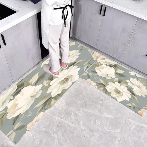 CEDNXOER Küchenteppich Teppich Läufer Küchenläufer 2 Stück, Aquarell Blumen küchenläufer Waschbar rutschfest Küchenmatte, Weiße Pfingstrose Fußmatte für Drinnen, Grau Teppichläufer, 45×75cm+45×150cm von CEDNXOER