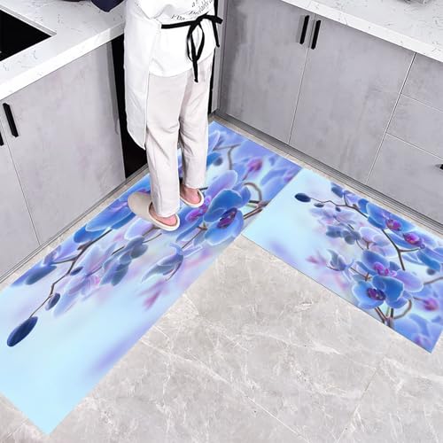 CEDNXOER Küchenteppich Teppich Läufer Küchenläufer 2 Stück, Blumen Pflanzen küchenläufer Waschbar rutschfest Küchenmatte, Elegante Orchidee Fußmatte für Drinnen, Blau Teppichläufer, 45×75cm+45×150cm von CEDNXOER