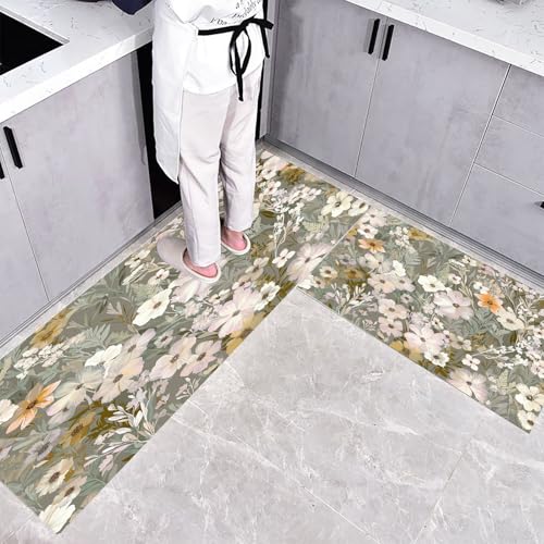 CEDNXOER Küchenteppich Teppich Läufer Küchenläufer 2 Stück, Landschaft Blumen küchenläufer Waschbar rutschfest Küchenmatte, Blumen Blätter Fußmatte für Drinnen, Beige Teppichläufer, 50×80cm+50×160cm von CEDNXOER