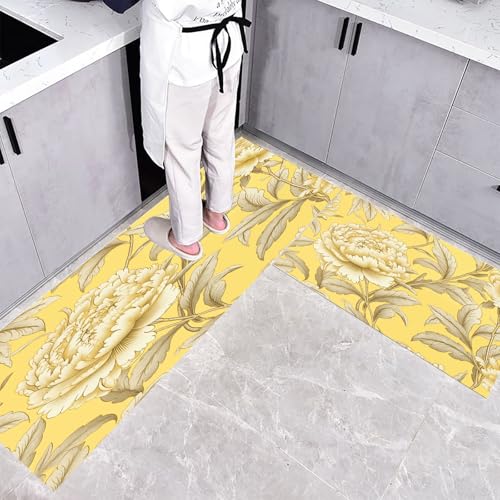CEDNXOER Küchenteppich Teppich Läufer Küchenläufer 2 Stück, Luxus Blumen küchenläufer Waschbar rutschfest Küchenmatte, Elegante Pfingstrose Fußmatte für Drinnen, Gelb Teppichläufer, 45×75cm+45×150cm von CEDNXOER
