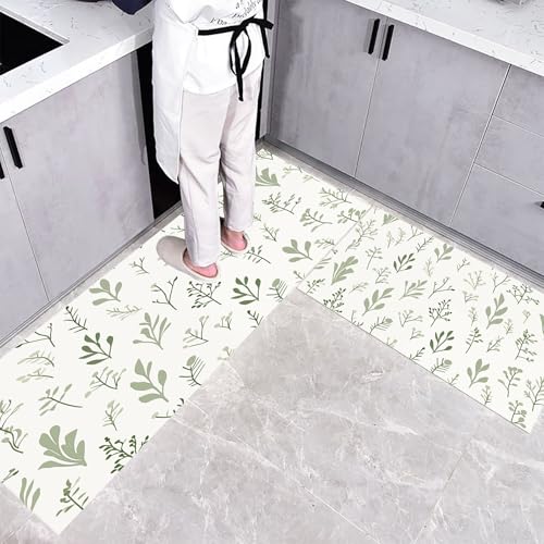CEDNXOER Küchenteppich Teppich Läufer Küchenläufer 2 Stück, Minimalismus Blätter küchenläufer Waschbar rutschfest Küchenmatte, Kraut Fußmatte für Drinnen, Hellgrün Teppichläufer, 40×60cm+40×120cm von CEDNXOER