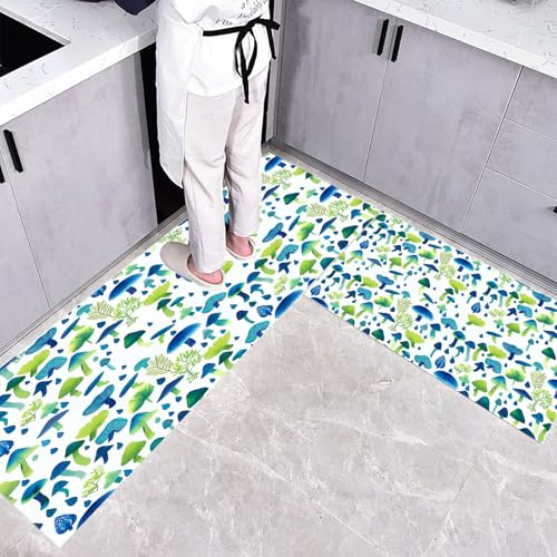 CEDNXOER Küchenteppich Teppich Läufer Küchenläufer 2 Stück, Minimalismus Wald küchenläufer Waschbar rutschfest Küchenmatte, Aquarell Pilze Fußmatte für Drinnen, Blau Teppichläufer, 43×75cm+43×120cm von CEDNXOER