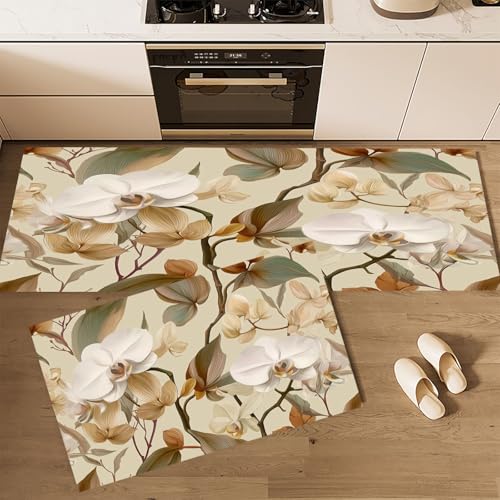 CEDNXOER Küchenteppich Teppich Läufer Küchenläufer 2 Stück, Modern Pflanzen küchenläufer Waschbar rutschfest Küchenmatte, Orchidee Blätter Fußmatte für Drinnen, Creme Teppichläufer, 40×60cm+40×120cm von CEDNXOER