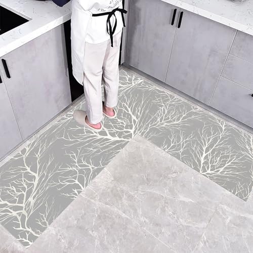 CEDNXOER Küchenteppich Teppich Läufer Küchenläufer 2 Stück, Moderne Pflanzen küchenläufer Waschbar rutschfest Küchenmatte, Abstrakter Wald Fußmatte für Drinnen, Grau Teppichläufer, 45×75cm+45×150cm von CEDNXOER