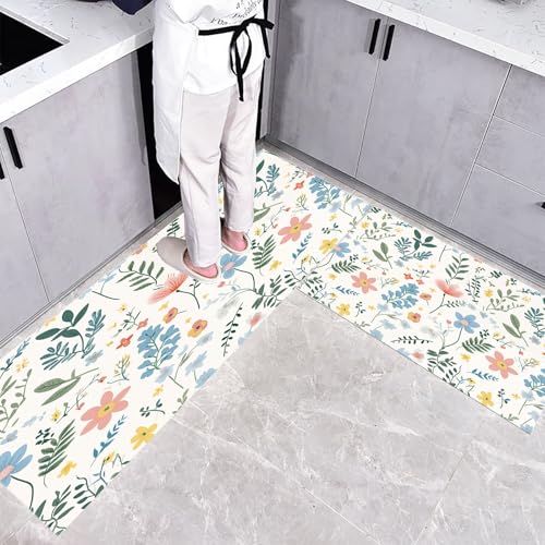 CEDNXOER Küchenteppich Teppich Läufer Küchenläufer 2 Stück, Pflanzen Abbildung küchenläufer Waschbar rutschfest Küchenmatte, Blumen Blätter Fußmatte für Drinnen, Weiß Teppichläufer, 50×80cm+50×160cm von CEDNXOER