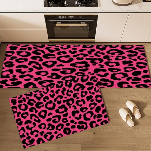 CEDNXOER Küchenteppich Teppich Läufer Küchenläufer 2 Stück, Schwarze Flecken küchenläufer Waschbar rutschfest Küchenmatte, Leopard Fußmatte für Drinnen, Rosa Teppichläufer, 40×60cm+40×120cm von CEDNXOER