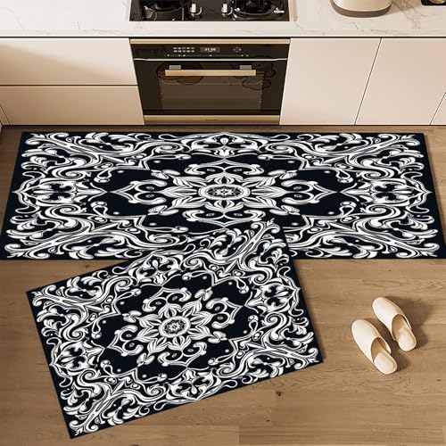 CEDNXOER Küchenteppich Teppich Läufer Küchenläufer 2 Stück, Vintage Blumen küchenläufer Waschbar rutschfest Küchenmatte, Mandala Fußmatte für Drinnen, Schwarz Teppichläufer, 45×75cm+45×150cm CEDNXOER Küchenteppich Teppich Läufer Küchenläufer 2 Stück, Vintage Blumen küchenläufer Waschbar rutschfest Küchenmatte, Mandala Fußmatte für Drinnen, Schwarz Teppichläufer, 45×75cm+45×150cm von CEDNXOER
