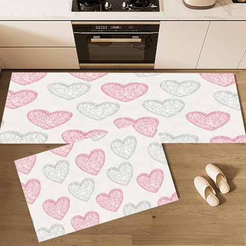 CEDNXOER Küchenteppich Teppich Läufer Küchenläufer 2 Stück rutschfest, Einfach Streifen Einfach Herzförmig Waschbar für Flur Küche 45×75cm+45×150cm von CEDNXOER