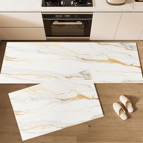 CEDNXOER Küchenteppich Teppich Läufer Küchenläufer 2 Stück rutschfest, Einfache Goldene Linien Marmorstruktur Waschbar für Flur Küche 50×80cm+50×160cm CEDNXOER Küchenteppich Teppich Läufer Küchenläufer 2 Stück rutschfest, Einfache Goldene Linien Marmorstruktur Waschbar für Flur Küche 50×80cm+50×160cm von CEDNXOER