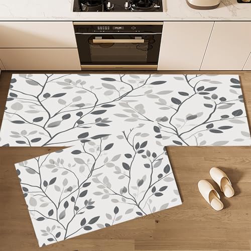 CEDNXOER Küchenteppich Teppich Läufer Küchenläufer 2 Stück rutschfest, Elegante Pflanzen Zweige Blätter Waschbar für Flur Küche 43×75cm+43×120cm von CEDNXOER