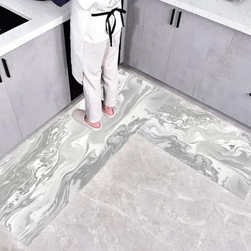 CEDNXOER Küchenteppich Waschbar rutschfest 40×60cm+40×120cm, 2 Stück Küchenläufer, Abstrakte Farbe Graffiti Küchen Teppiche, Marmor Waschbarer Teppich Läufer Flur, Silbergrau Teppichläufer für Küche von CEDNXOER