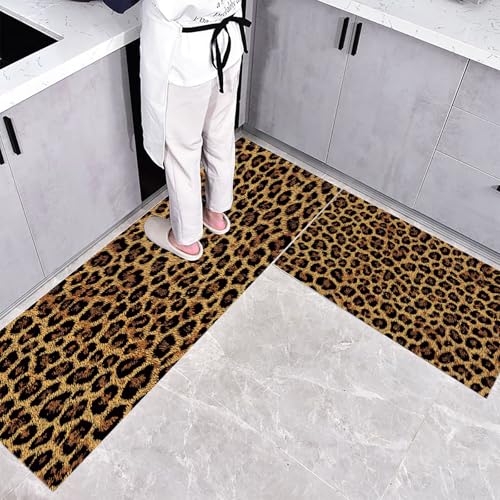 CEDNXOER Küchenteppich Waschbar rutschfest 40×60cm+40×120cm, 2 Stück Küchenläufer, Leopard Küchen Teppiche, Tiere Texturen Waschbarer Teppich Läufer Flur, Braun Teppichläufer für Küche von CEDNXOER