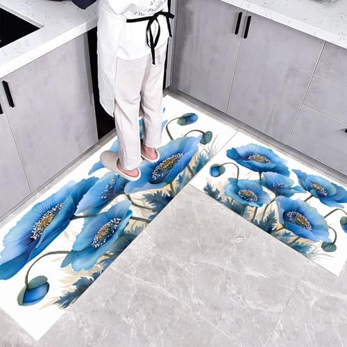 CEDNXOER Küchenteppich Waschbar rutschfest 43×75cm+43×120cm, 2 Stück Küchenläufer, Aquarell Mohnblumen Küchen Teppiche, Pflanzen Abbildung Waschbarer Teppich Läufer Flur, Blau Teppichläufer für Küche von CEDNXOER