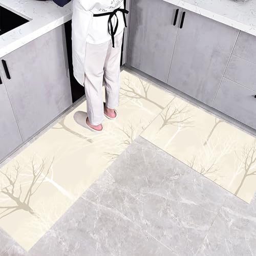 CEDNXOER Küchenteppich Waschbar rutschfest 43×75cm+43×120cm, 2 Stück Küchenläufer, Baumsilhouetten Küchen Teppiche, Einfach Streifen Waschbarer Teppich Läufer Flur, Beige Teppichläufer für Küche von CEDNXOER