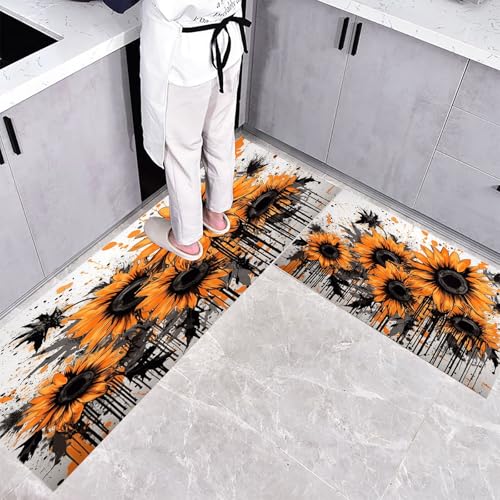 CEDNXOER Küchenteppich Waschbar rutschfest 43×75cm+43×120cm, 2 Stück Küchenläufer, Sonnenblume Gekritzel Küchen Teppiche, Straßenblumen Waschbarer Teppich Läufer Flur, Orange Teppichläufer für Küche von CEDNXOER