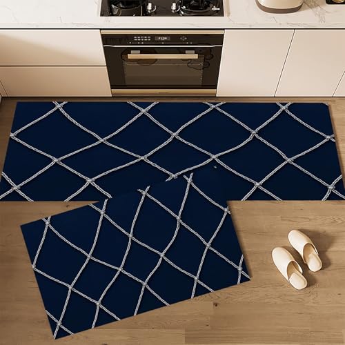 CEDNXOER Küchenteppich Waschbar rutschfest 43×75cm+43×120cm, 2 Stück Küchenläufer, Weiße Linien Küchen Teppiche, Segeln Fischernetze Waschbarer Teppich Läufer Flur, Marine Teppichläufer für Küche von CEDNXOER