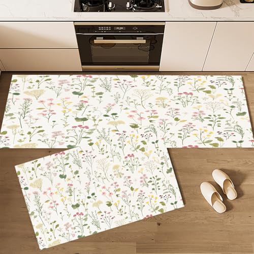 CEDNXOER Küchenteppich Waschbar rutschfest 43×75cm+43×120cm, 2 Stück Küchenläufer, Wildblumen Blätter Küchen Teppiche, Blumen Waschbarer Teppich Läufer Flur, Weiß Teppichläufer für Küche von CEDNXOER