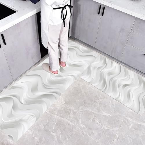 CEDNXOER Küchenteppich Waschbar rutschfest 45×75cm+45×150cm, 2 Stück Küchenläufer, Abstrakte Wellen Küchen Teppiche, Minimalismus Streifen Waschbarer Teppich Läufer Flur, Weiß Teppichläufer für Küche von CEDNXOER