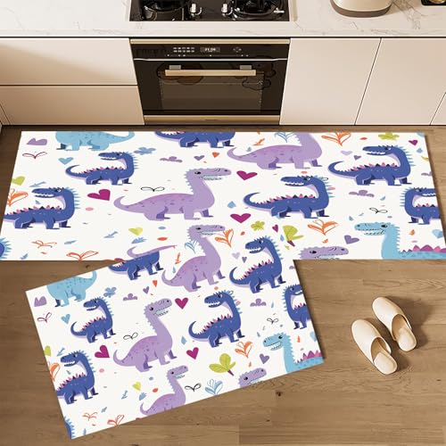 CEDNXOER Küchenteppich Waschbar rutschfest 45×75cm+45×150cm, 2 Stück Küchenläufer, Niedlicher Dinosaurier Küchen Teppiche, Spaß Tiere Waschbarer Teppich Läufer Flur, Weiß Teppichläufer für Küche von CEDNXOER