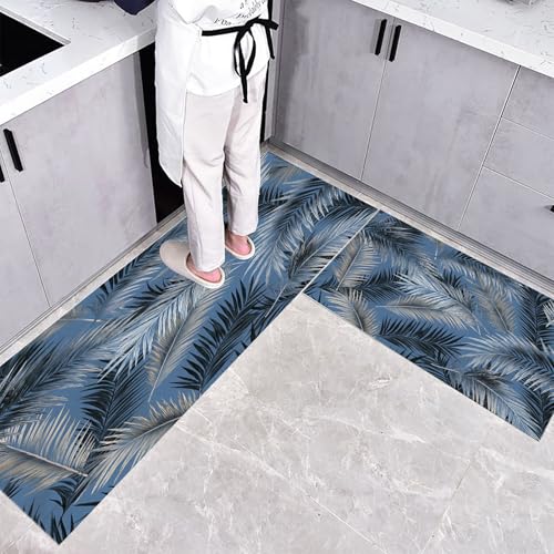 CEDNXOER Küchenteppich Waschbar rutschfest 45×75cm+45×150cm, 2 Stück Küchenläufer, Silber Palmblatt Küchen Teppiche, Tropische Blätter Waschbarer Teppich Läufer Flur, Hellblau Teppichläufer für Küche von CEDNXOER