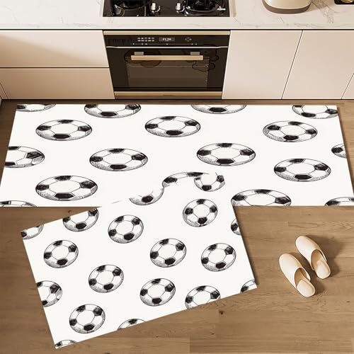 CEDNXOER Küchenteppich Waschbar rutschfest 50×80cm+50×160cm, 2 Stück Küchenläufer, Cartoon-Fußball Küchen Teppiche, Sport Waschbarer Teppich Läufer Flur, Weiß Teppichläufer für Küche von CEDNXOER
