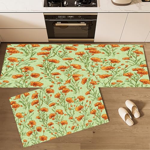 CEDNXOER Küchenteppiche 2 Stück, Aquarell Mohnblumen Rutschfestes Küchenmatten, Vintage Blumen Wasser aufnehmen Küche Matten Fußmatte Teppich Set,Staubdicht Fußmatte für Drinnen 50×80cm+50×160cm von CEDNXOER