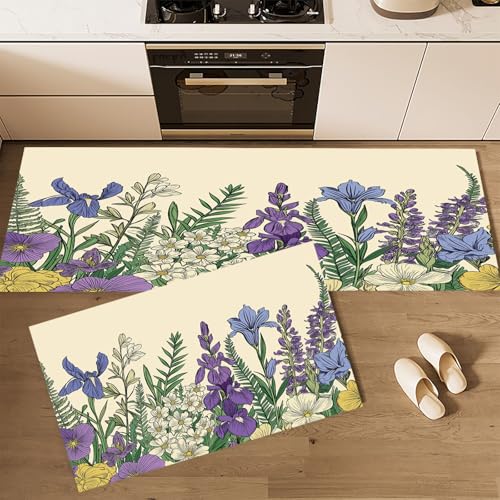 CEDNXOER Küchenteppiche 2 Stück, Beige Rutschfestes Küchenmatten, Blumen Frühling Blumen Schwertlilien Küche Matten Fußmatte Teppich Set,Staubdicht Fußmatte für Drinnen, 43×75cm+43×120cm von CEDNXOER