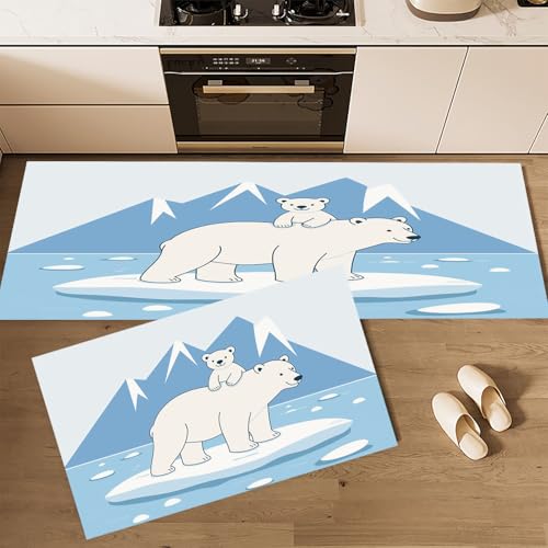 CEDNXOER Küchenteppiche 2 Stück, Hellblau Rutschfestes Küchenmatten, Süße Tiere Eisbären Berge Küche Matten Fußmatte Teppich Set,Staubdicht Fußmatte für Drinnen, 50×80cm+50×160cm von CEDNXOER