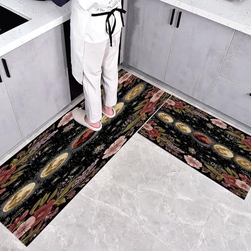 CEDNXOER Küchenteppiche 2 Stück, Schwarz Rutschfestes Küchenmatten, Böhmen Mondphasen Blumen Sterne Küche Matten Fußmatte Teppich Set,Staubdicht Fußmatte für Drinnen, 43×75cm+43×120cm CEDNXOER Küchenteppiche 2 Stück, Schwarz Rutschfestes Küchenmatten, Böhmen Mondphasen Blumen Sterne Küche Matten Fußmatte Teppich Set,Staubdicht Fußmatte für Drinnen, 43×75cm+43×120cm von CEDNXOER