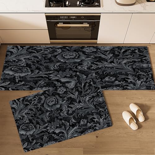 CEDNXOER Küchenteppiche 2 Stück, Schwarz Rutschfestes Küchenmatten, Luxus Blumen Elegante Blütenblätter Küche Matten Fußmatte Teppich Set,Staubdicht Fußmatte für Drinnen, 45×75cm+45×150cm von CEDNXOER