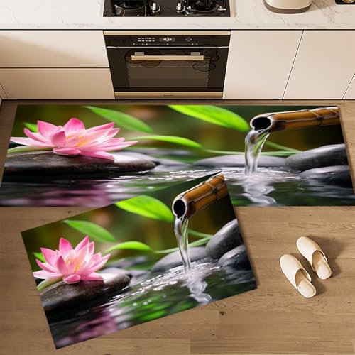 CEDNXOER Küchenteppiche 2 Stück, Schwarz Rutschfestes Küchenmatten, Stillleben Blumen Zen Lotus Felsen Küche Matten Fußmatte Teppich Set,Staubdicht Fußmatte für Drinnen, 40×60cm+40×120cm von CEDNXOER