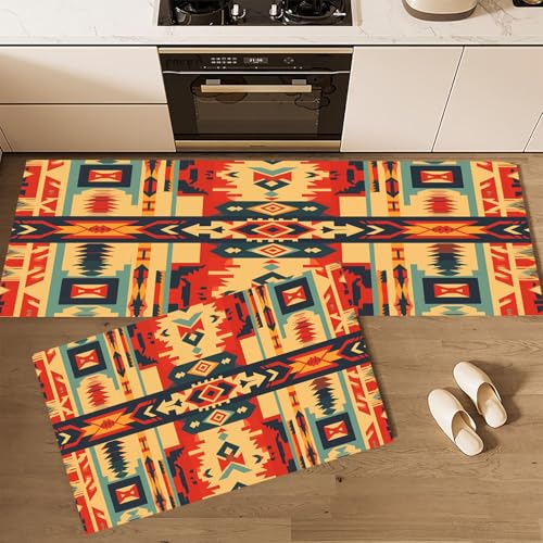 CEDNXOER Küchenteppiche rutschfest Beige Waschbar Bodenmatten-Set 2 Stück Azteken-Graffiti Abstrakt Geometrisch Anti-Ermüdungs-Stehläufer Für Eingangsbereich Flur Wäscherei, 45×75cm+45×150cm von CEDNXOER