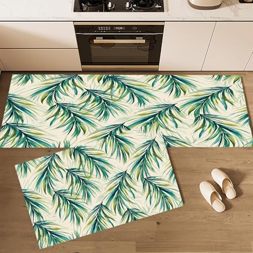 CEDNXOER Küchenteppiche rutschfest Beige Waschbar Bodenmatten-Set 2 Stück Blattstruktur Elegante Palmblätter Anti-Ermüdungs-Stehläufer Für Eingangsbereich Flur Wäscherei, 40×60cm+40×120cm von CEDNXOER