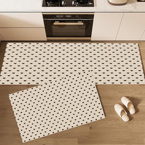 CEDNXOER Küchenteppiche rutschfest Beige Waschbar Bodenmatten-Set 2 Stück Elegant Geometrisch Einfach Herzförmig Anti-Ermüdungs-Stehläufer Für Eingangsbereich Flur Wäscherei, 40×60cm+40×120cm von CEDNXOER