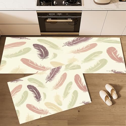 CEDNXOER Küchenteppiche rutschfest Beige Waschbar Bodenmatten-Set 2 Stück Graffiti Federn Handgezeichnete Federn Anti-Ermüdungs-Stehläufer Für Eingangsbereich Flur Wäscherei, 50×80cm+50×160cm von CEDNXOER